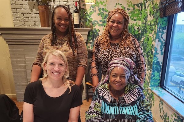 jumanavasi_boardretreat_annarbormi_may_13-1 Cicely Allen (top left) and Gwen Winston (top right) from Wisdom Institute, and Mother Gwen Howard (bottom right) with RN VP of Philanthropy Lisa Runkel (bottom left) at a restaurant in Ann Arbor, MI, May 2023.